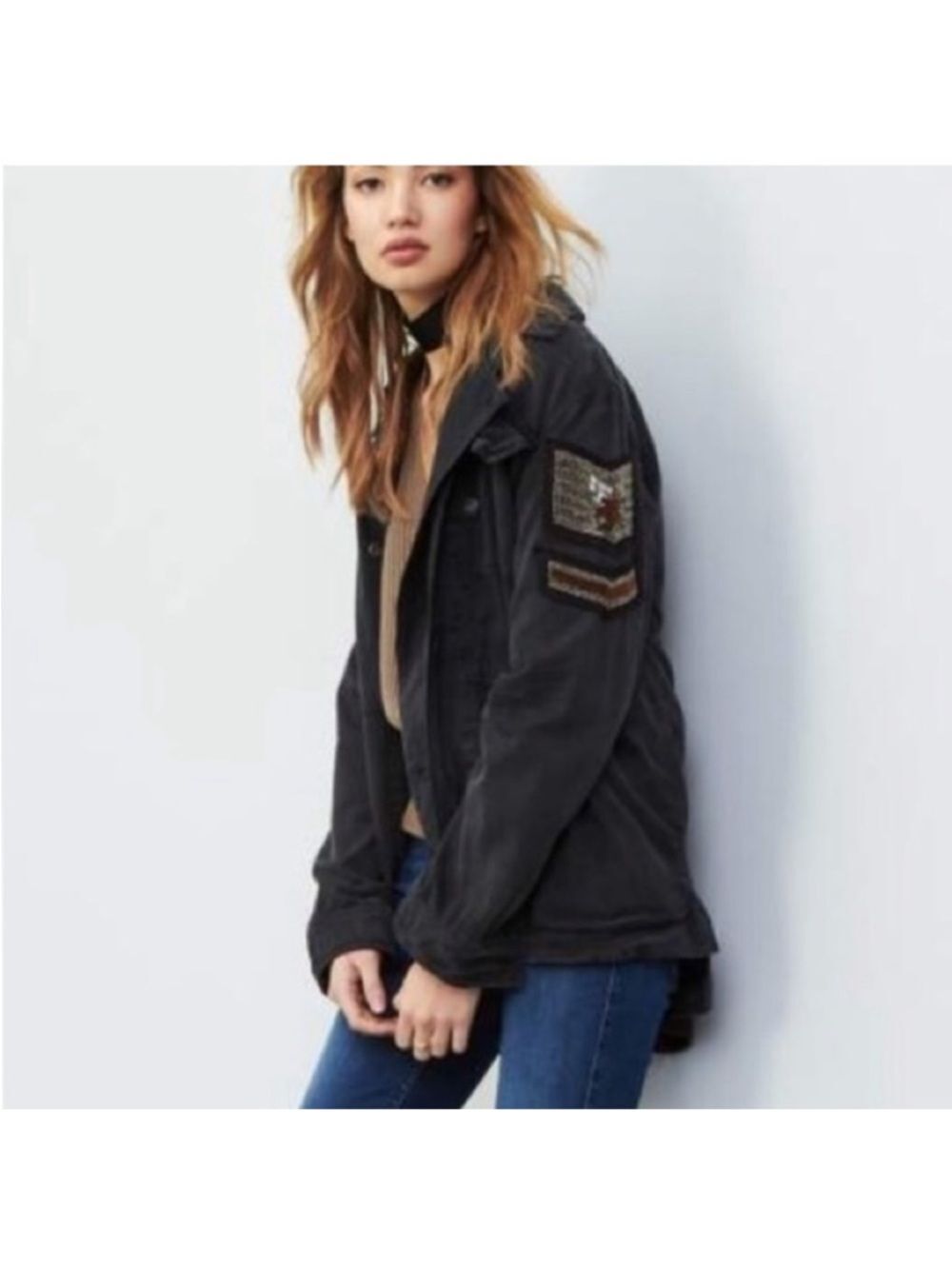 Free People Embellished Gray Utility Military Distressed Jacket Industrial